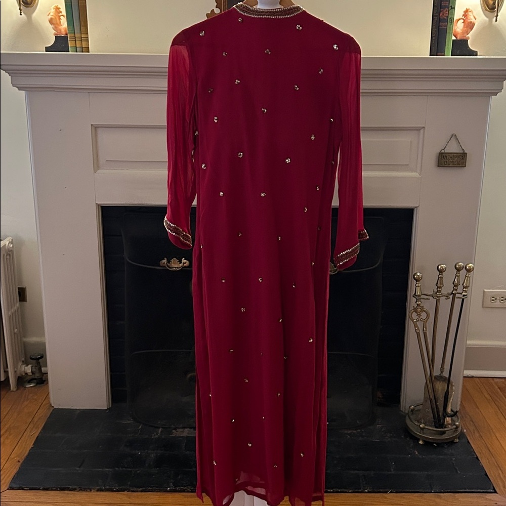 Chic Kalki Lined Long Sleeve Red Pantsuit with Embellishments.